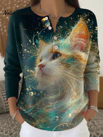 Women's Funny Cat Pattern Art Print Casual Cardigan Sweater