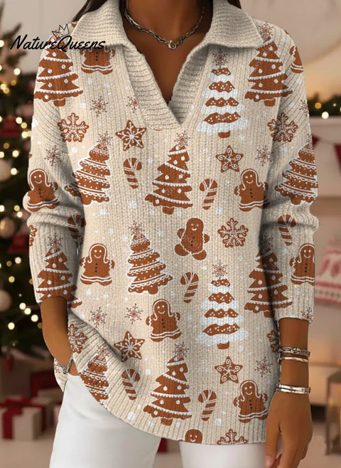 Women's Christmas Tree Art Print Casual Cotton Sweater