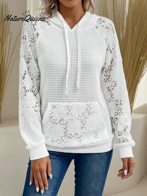 Women's Patchwork Lace Waffle Cotton Hooded Sweatshirt