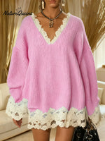Women's V-neck Long-sleeved Casual Loose Knit Top With Color-blocked Lace Trim