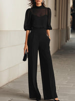 Women's Solid-color Two-piece Set: Stand-collar Short-sleeve, Loose-fit Chiffon Top & High-waisted Wide-leg Pants