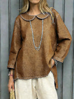 Women's Peter Pan Collar Long-sleeved Casual Loose-fitting Simple Denim Top