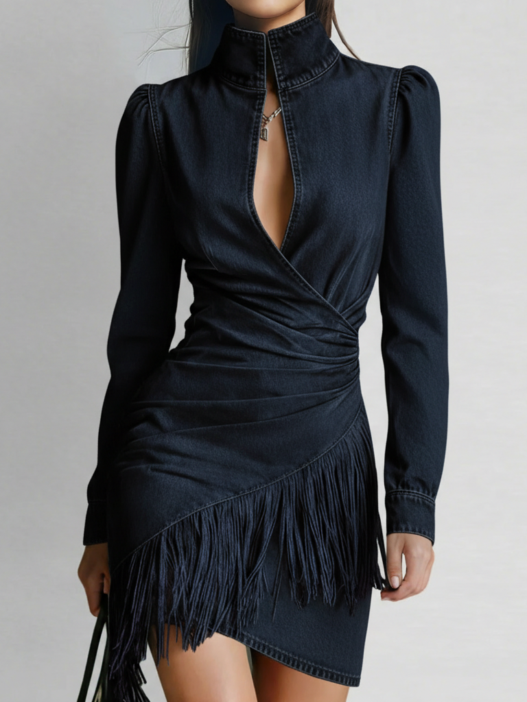 Retro Sexy Stand-collar Denim Mini Dress With Fringe Hem