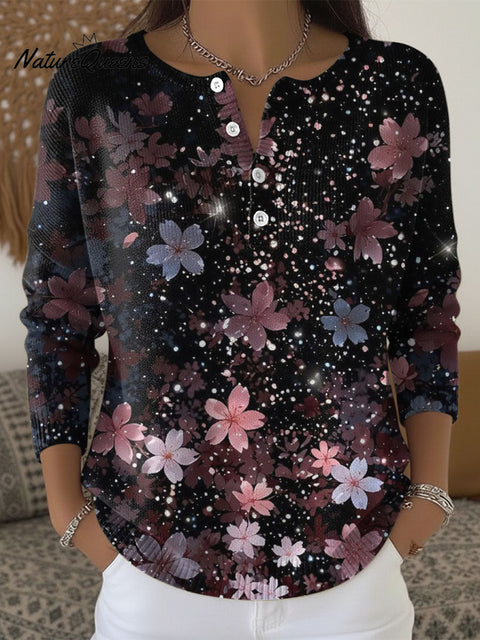 Women's Color Flowers Black Pattern Art Print Buttoned Cardigan Sweater