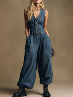 Retro Sporty V-neck Sleeveless Single-breasted Denim Jumpsuit