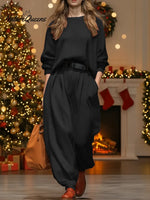 Women's Solid Color Round Neck Long Sleeve Casual Loose Waffle Knit Top High Waist Casual Loose Wide Leg Jogger Pants Set