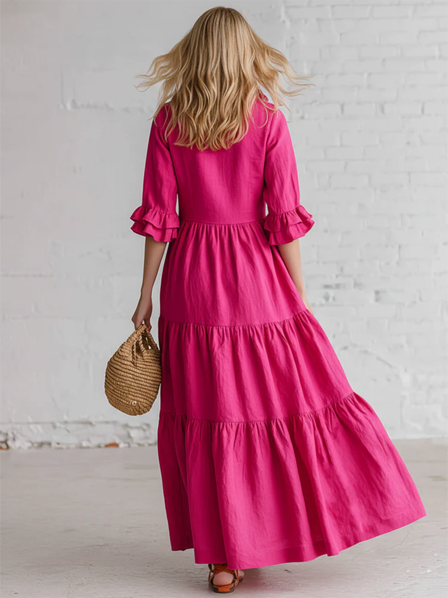 Retro Ruffled Stand-collar Maxi Dress