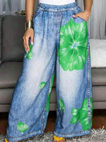 Women's Casual Loose Wide-leg Jeans With Placement Print And Elastic Waist