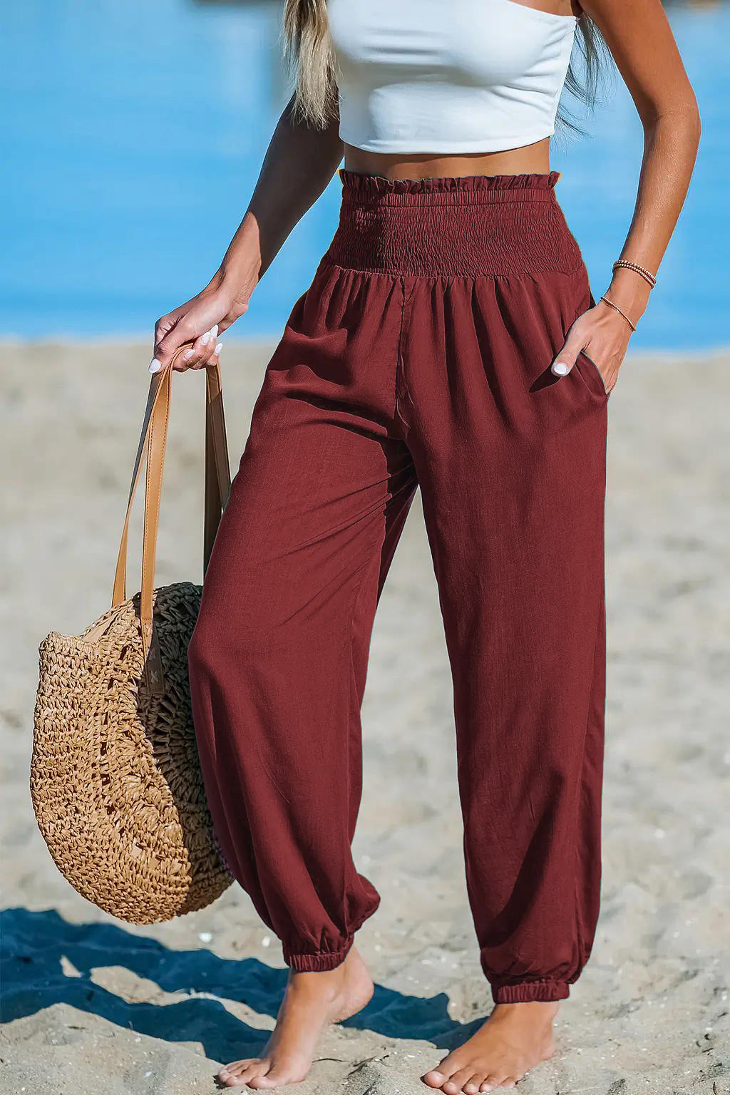 Women's Solid-color Casual Tapered Pants With Elastic Waist