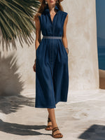 Women's Retro Sleeveless Collared Denim Dress