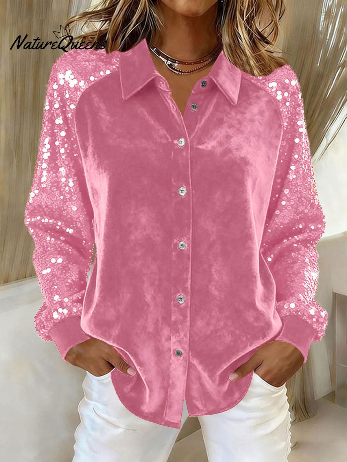 Women's Sequined Sleeve Patchwork Long-sleeved Velvet Loose Shirt