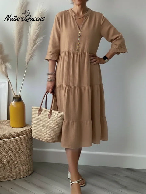 Women's Cotton And Linen Dress With Lace-paneled Sleeves.