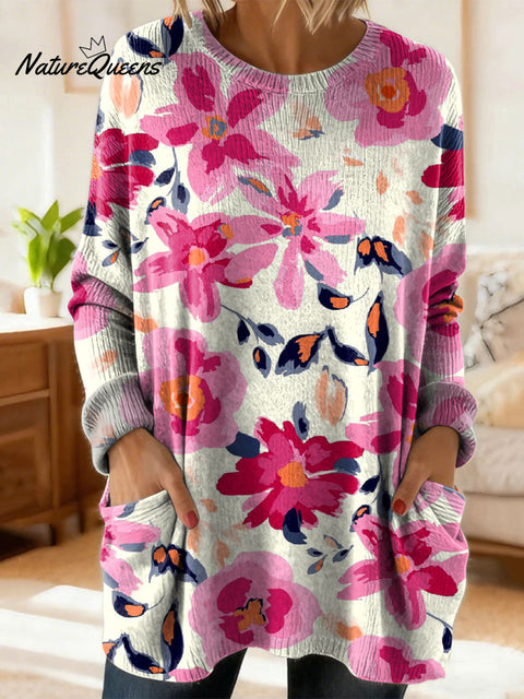 Women's Lovely Floral Flowers Pattern Art Print Casual Cotton Knitted Sweater