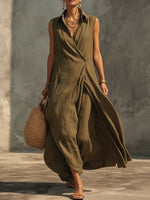 Women's Solid-color Lapel Sleeveless Loose-fit Cotton-linen Casual Dress
