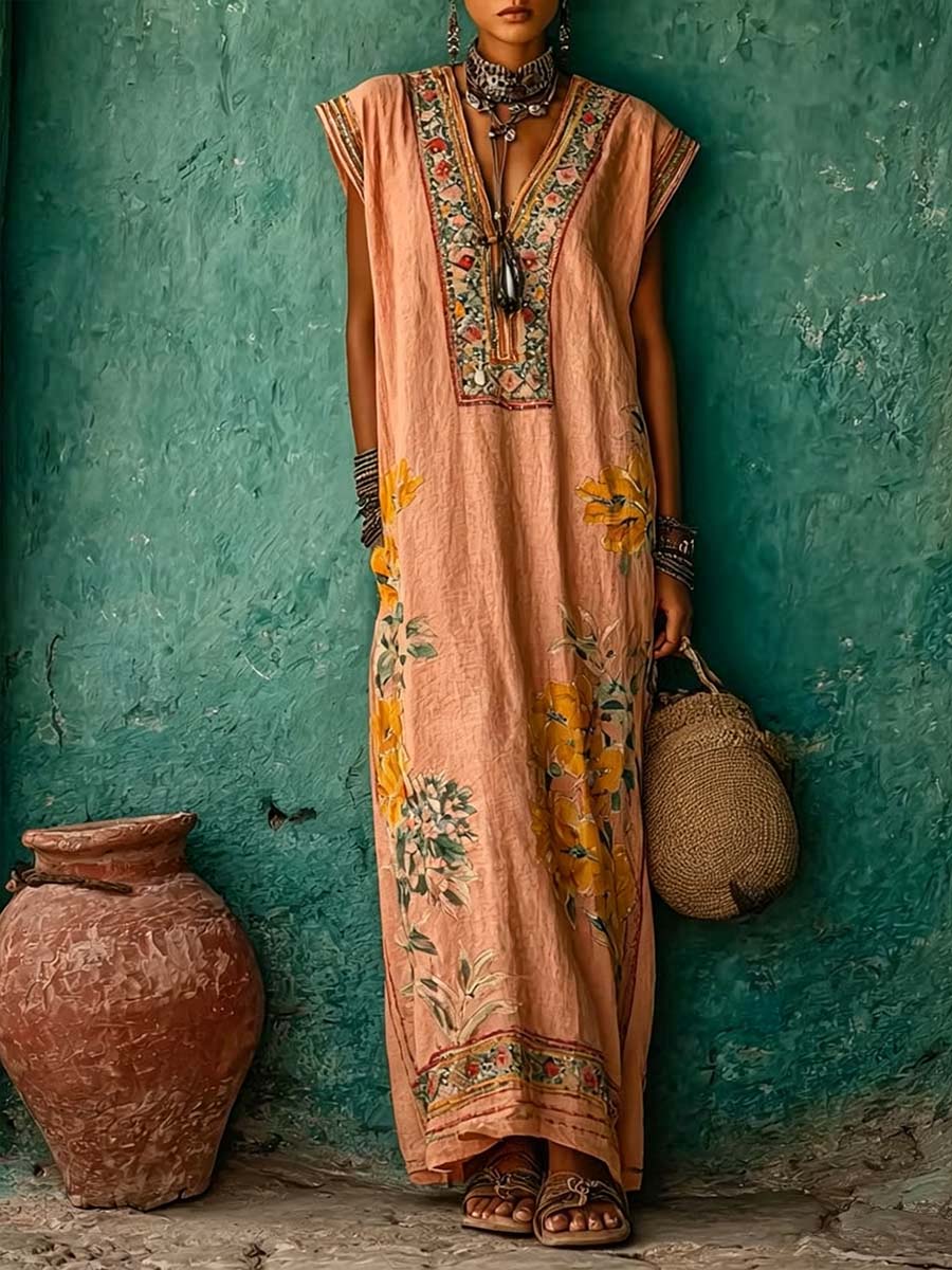 Women's Vintage-print V-neck Sleeveless Loose-fit Cotton-linen Casual Dress