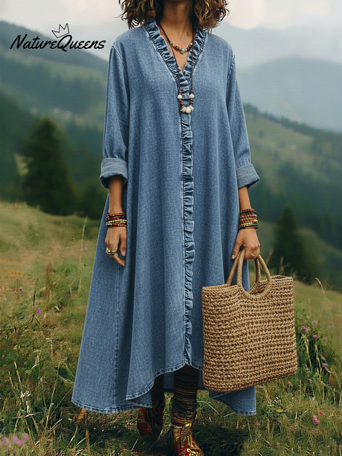 Casual Lace-trimmed V-neck Washed Denim Dress