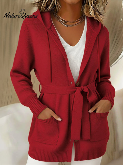 Women's Belted Hooded Cardigan Sweater