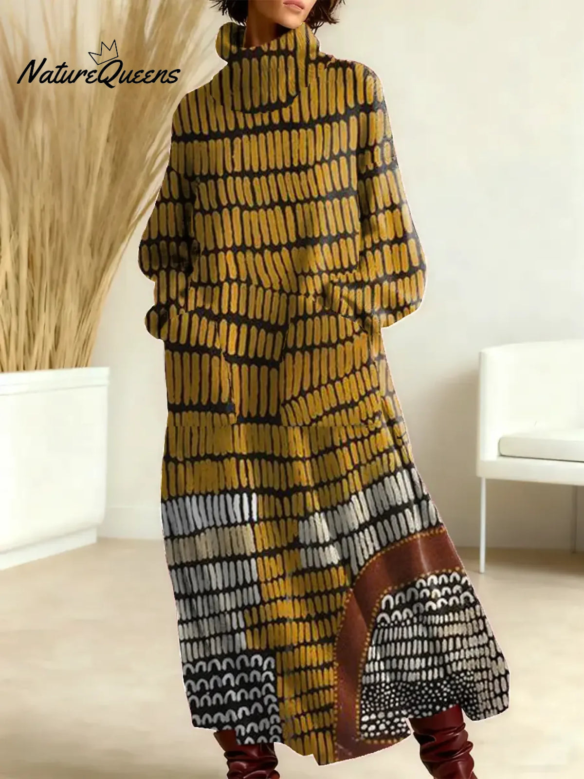 Women's Vintage Abstract Geometry Art Print Casual Cotton Knitted Dress