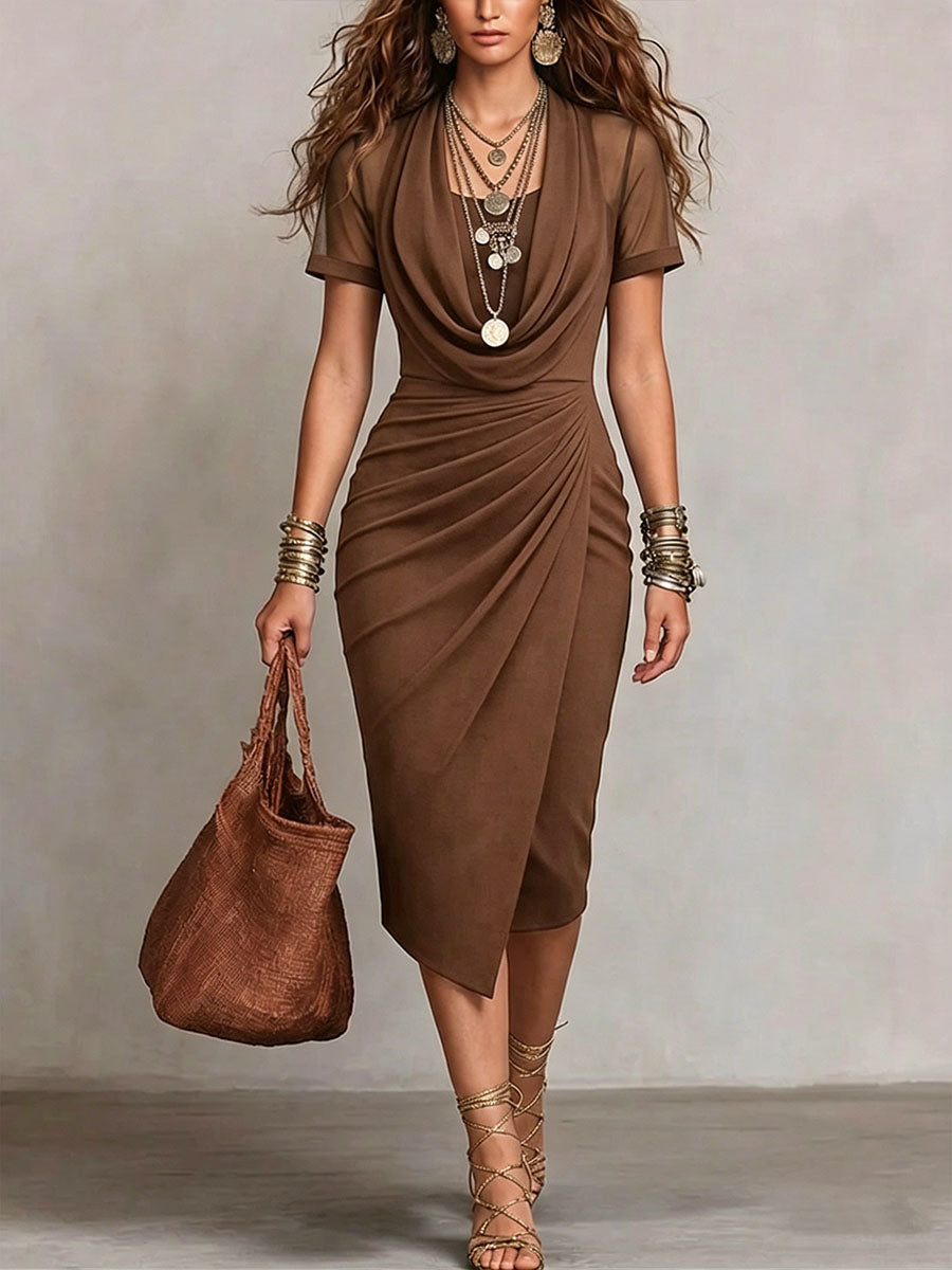 Women's Solid-color Cowl-neck Short-sleeve Casual Slim-fit Dress