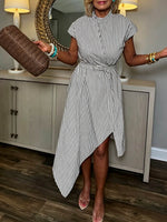 Women's Striped Print Stand-collar Short-sleeve Casual Loose Cotton-linen Dress