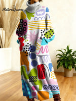 Women's Retro Geometry Abstraction Color Gradient High-neck Long-sleeve Casual Loose Knit Dress