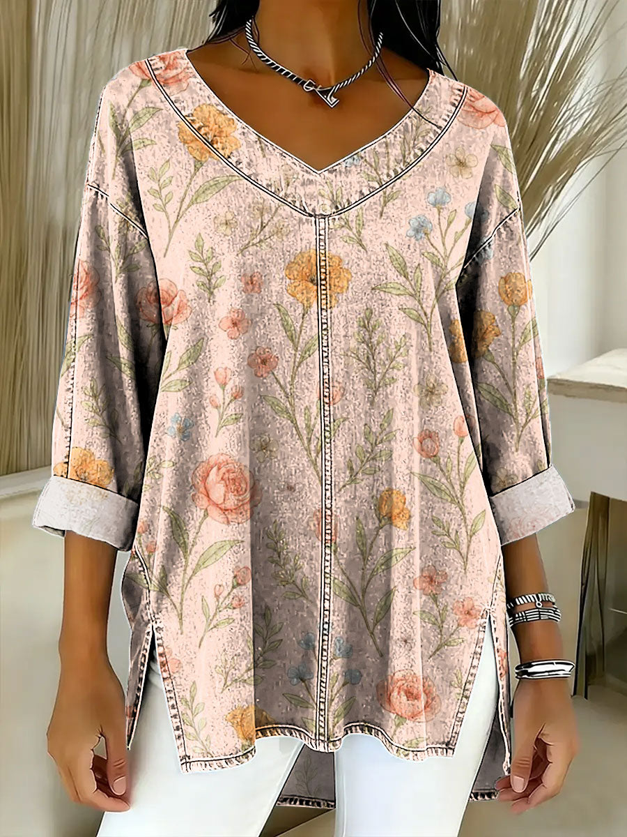 Women's Retro Gradient Flowers Floral Art Patterns Casual Washed Denim Cotton Top