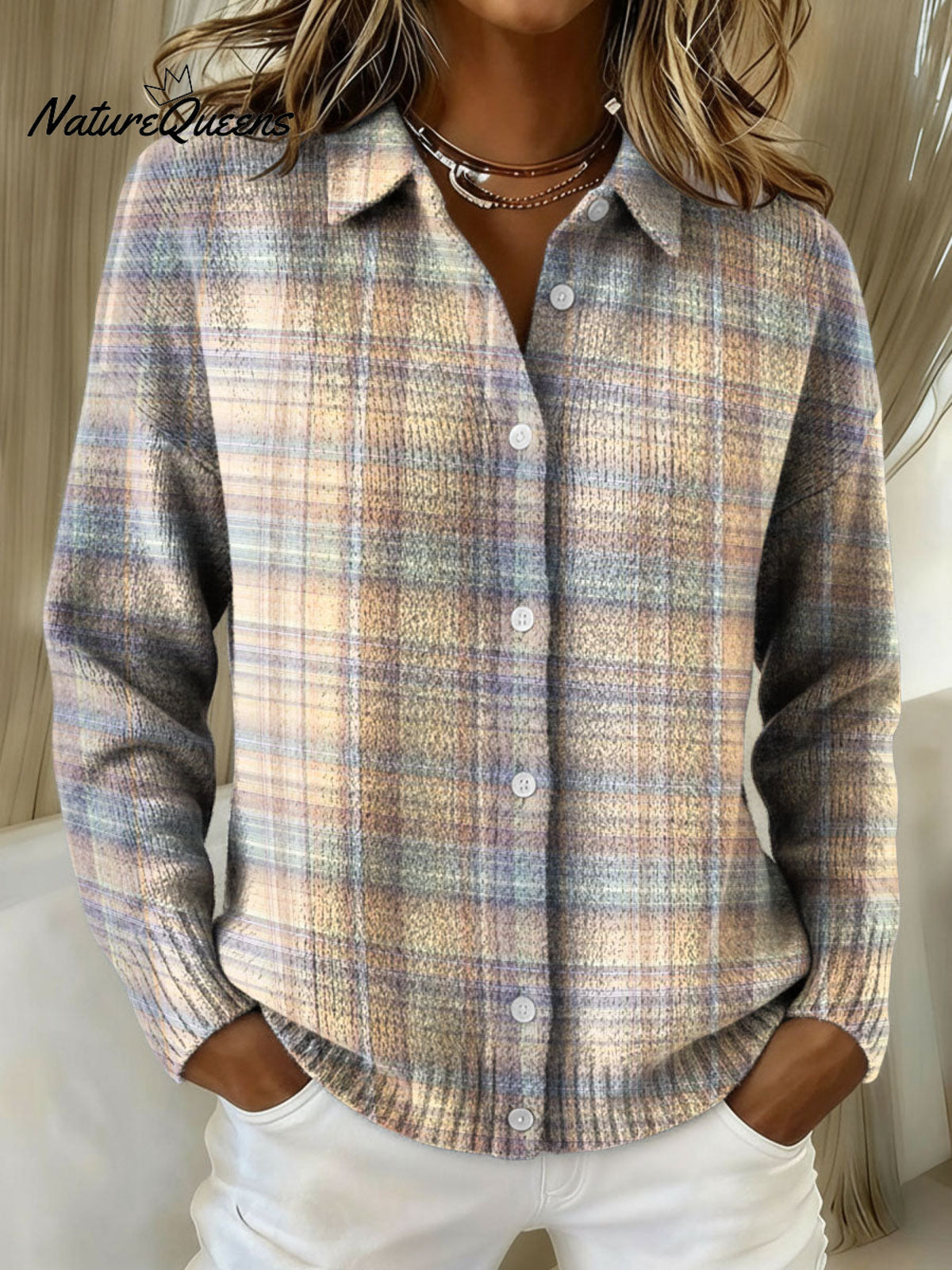 Vintage Classic Plaid Pattern Casual Shirt Collar Long Sleeve Sweater