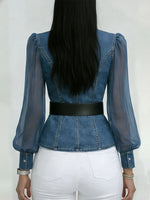 Elegant, Slim-fitting Denim Top With Organza Sleeves.