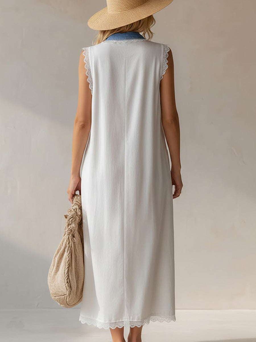 Women's Shirt Collar Sleeveless Casual Loose Denim And Cotton-linen Blend Dress