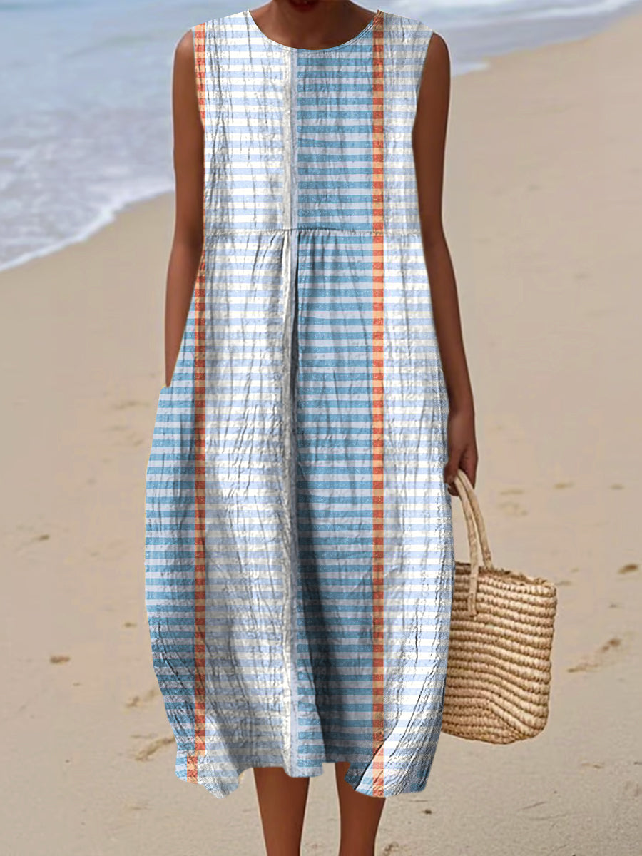 Women's Vintage Geometry Art Print Sleeveless Cotton Pocket Wrap Dress