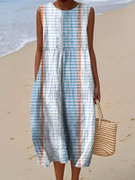 Women's Vintage Geometry Art Print Sleeveless Cotton Pocket Wrap Dress