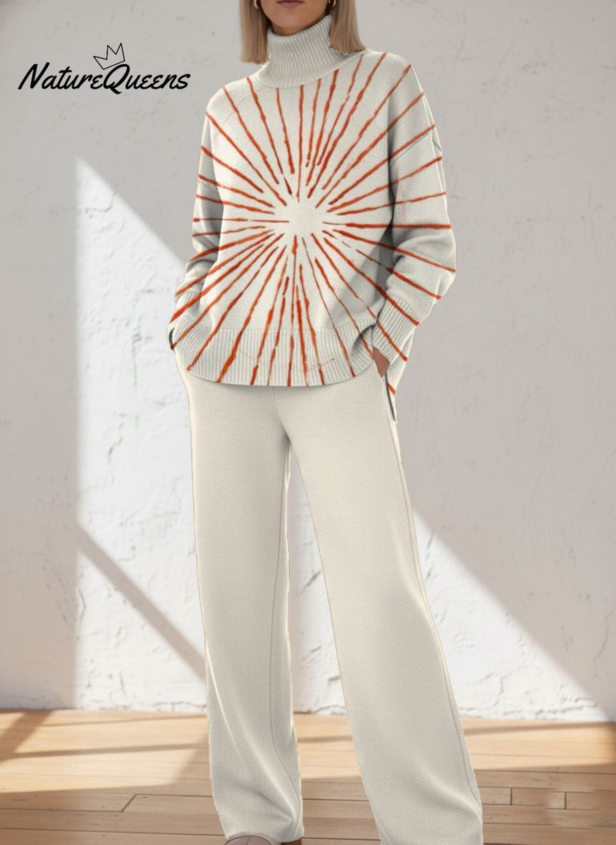 Women's Abstract Pattern Art Print Casual Knitted Cotton Top Pants Suit