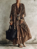 Women's Leopard Print Blouse With Distressed Half Skirt Cotton-linen Set