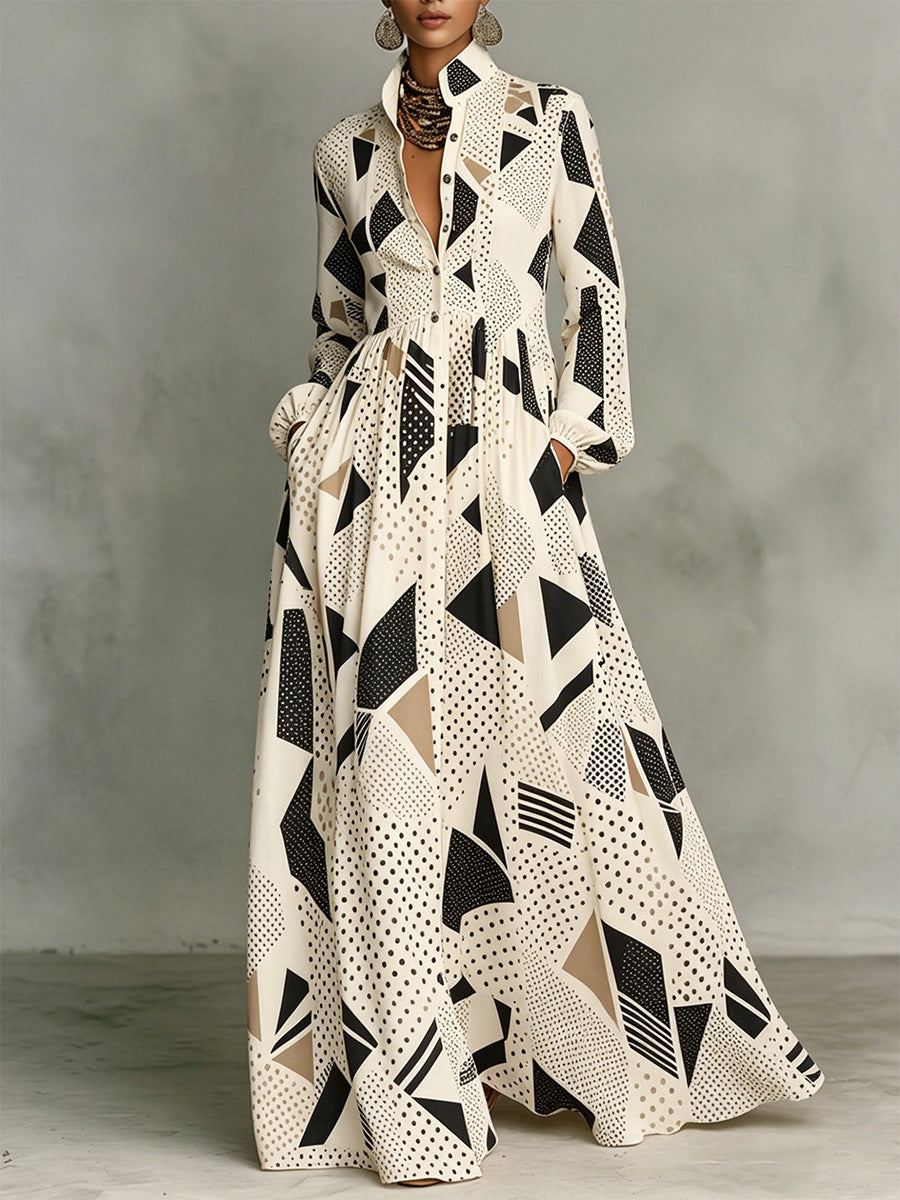 Classic Abstract Geometric Dress — Featuring A Turn-down Collar, Cinched Waist, And Flared Skirt