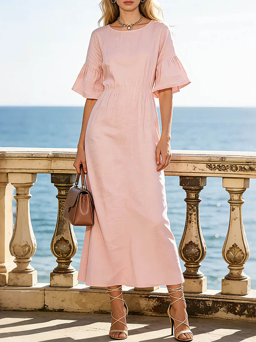 Women's Solid-color Round-neck Short-sleeve Casual Loose Cotton-linen Dress