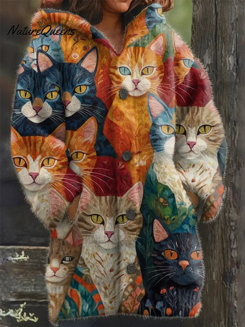 Women's Funny Cats Pattern Art Print Casual Fleece Coat