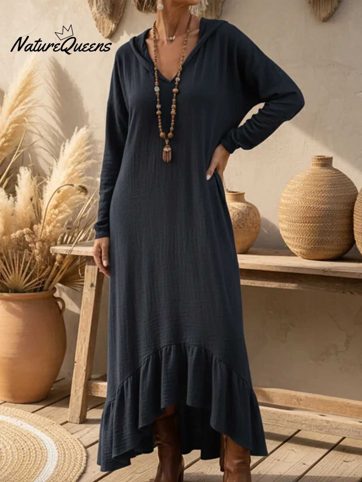Boho Casual Loose-fitting Hooded Ruffled Hem Linen Dress