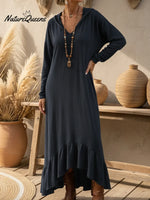 Boho Casual Loose-fitting Hooded Ruffled Hem Linen Dress