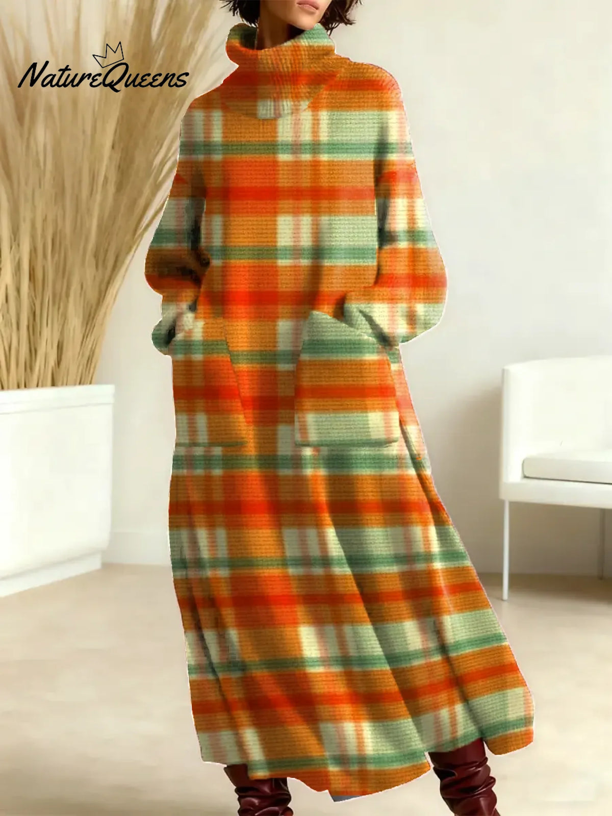 Women's Vintage Plaid Art Print Casual Cotton Knitted Dress