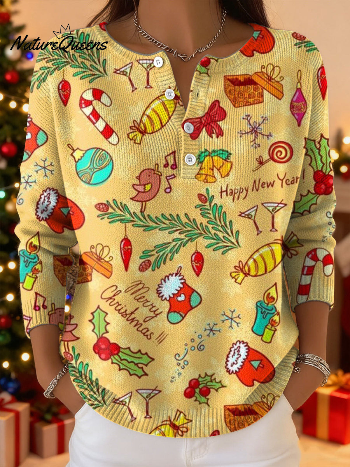 Women's Christmas Pattern Art Print Buttoned Cardigan Sweater