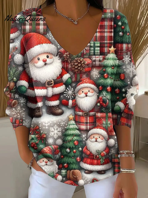 Cute Christmas Printed Casual V-neck Sweater