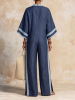 V-neck Notch Placket Color-blocked Stripe Wide-leg Linen-cotton Jumpsuit