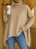 Women's Solid Color Turtleneck Casual Loose Irregular Hem Knitted Top
