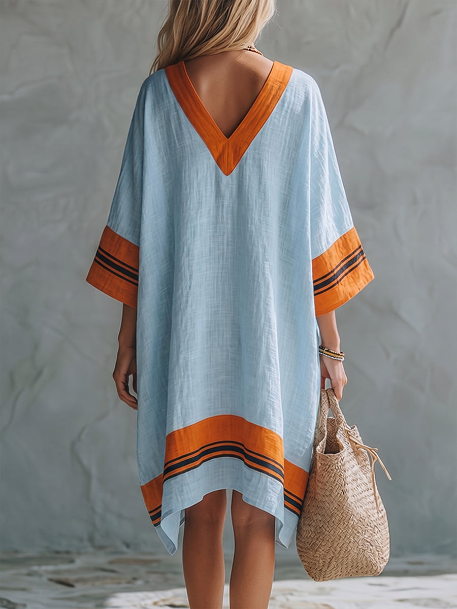 Women's Color-block V-neck Cotton-linen Dress