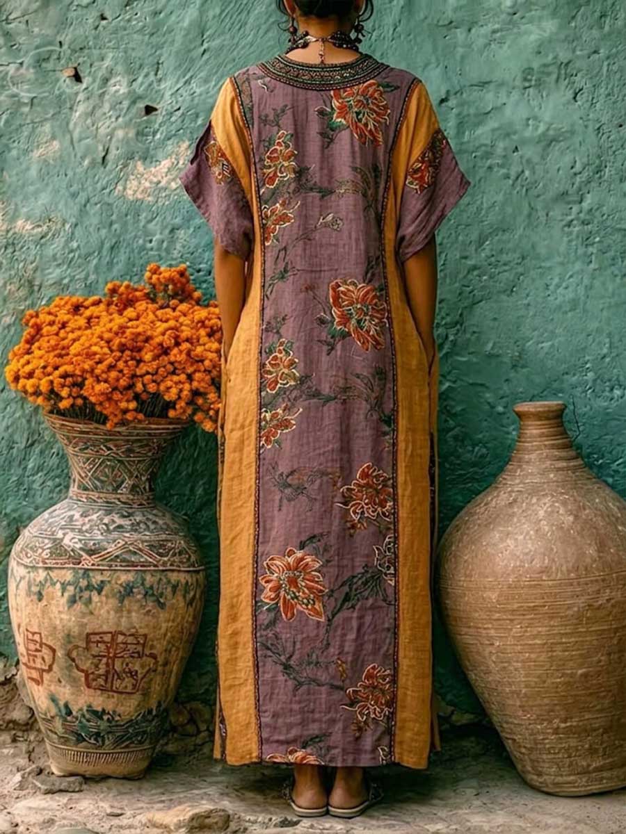 Women's Vintage-print Patchwork V-neck Short-sleeve Casual Loose Cotton-linen Dress