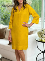 Women's Solid Color Ruffle V-neck Three-quarter Sleeve Casual Loose Cotton And Linen Dress