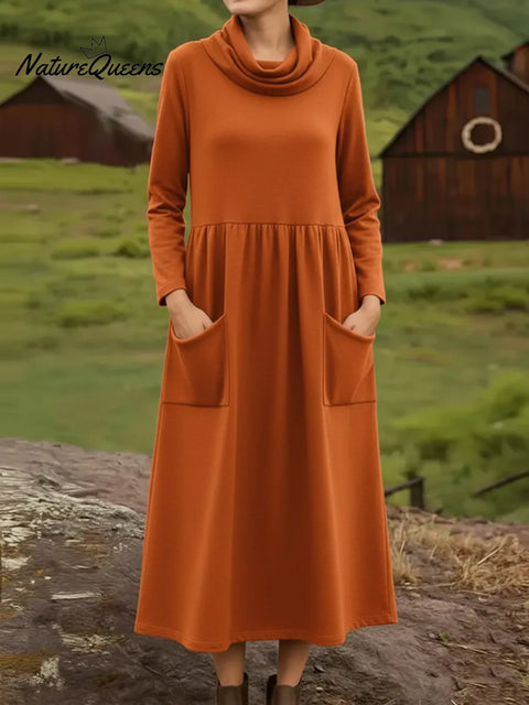 Retro Cowl Collar Pocket Stretch Midi Dress