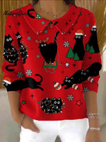 Women's Christmas Cat Print Casual Peter Pan Collar 3/4 Sleeve Sweater