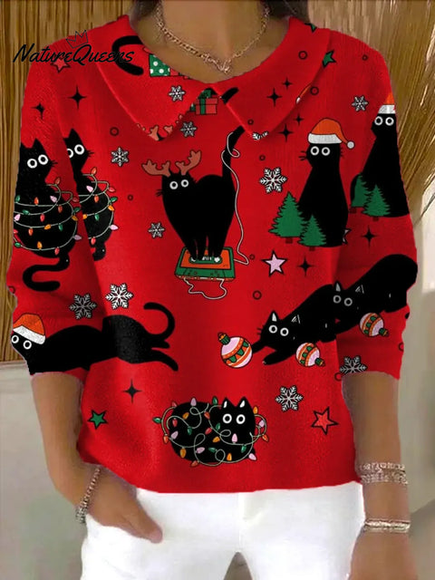 Women's Christmas Cat Print Casual Peter Pan Collar 3/4 Sleeve Sweater