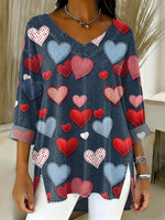 Women's Valentine's Day Heart-shaped Art Print Casual Washed Denim Cotton Top